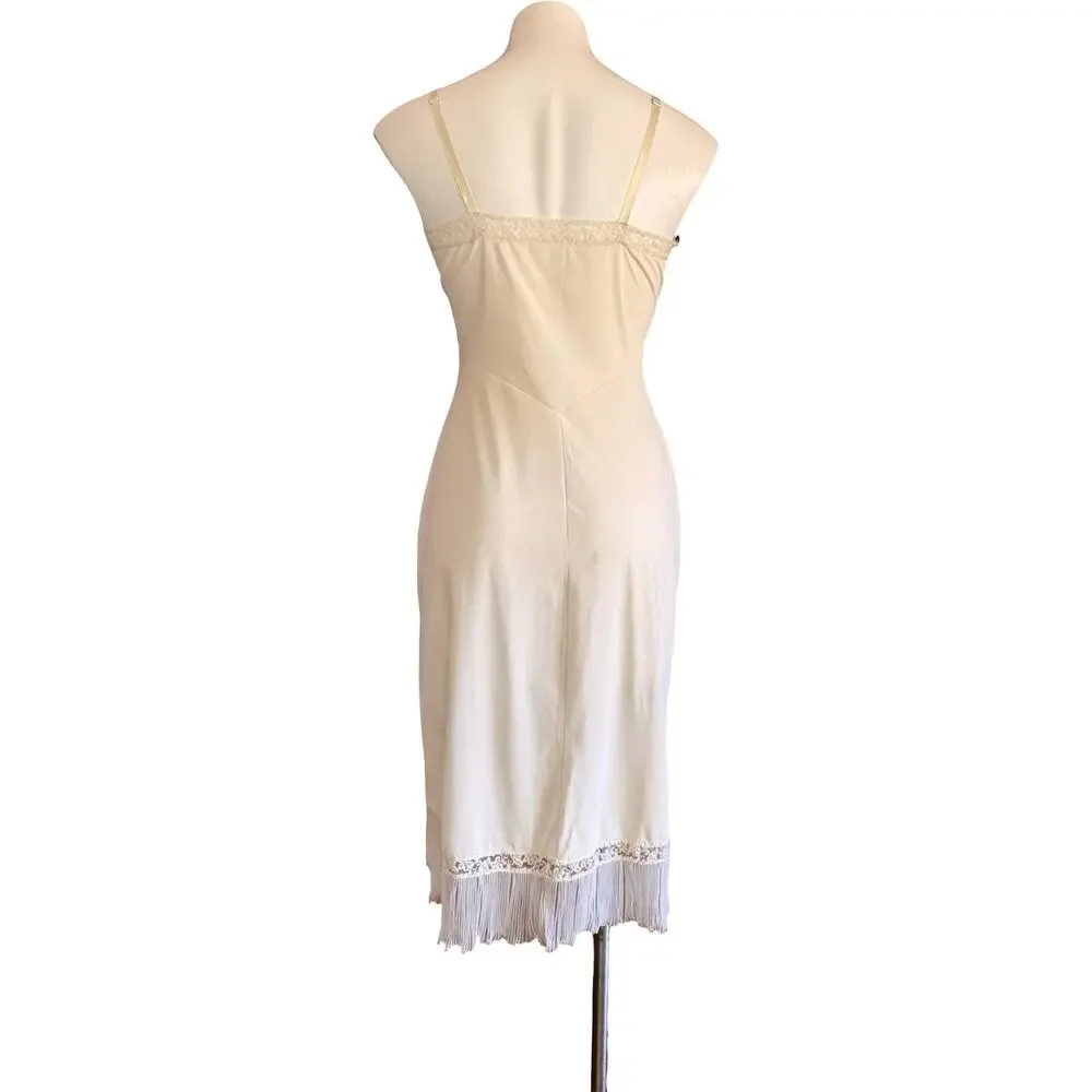 Vintage 1950s Ivory Crystal Pleated Full Slip Lace Trim Bodice Micro-Pleat Hem S